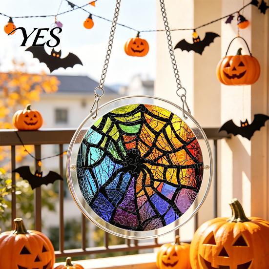 Transparent Stained Glass Halloween Acrylic Puzzle Decor, 2D Ghost Pumpkin Skeleton Hanging Sign, Faux Holiday Spooky Decorations for Party