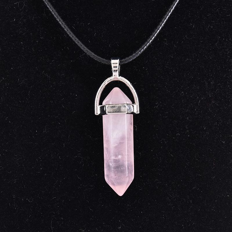 New Hexagonal Column Natural Stone Choker Necklaces Vintage Pink Purple Crystal Pendent Necklace for Women Leather Chain Jewelry