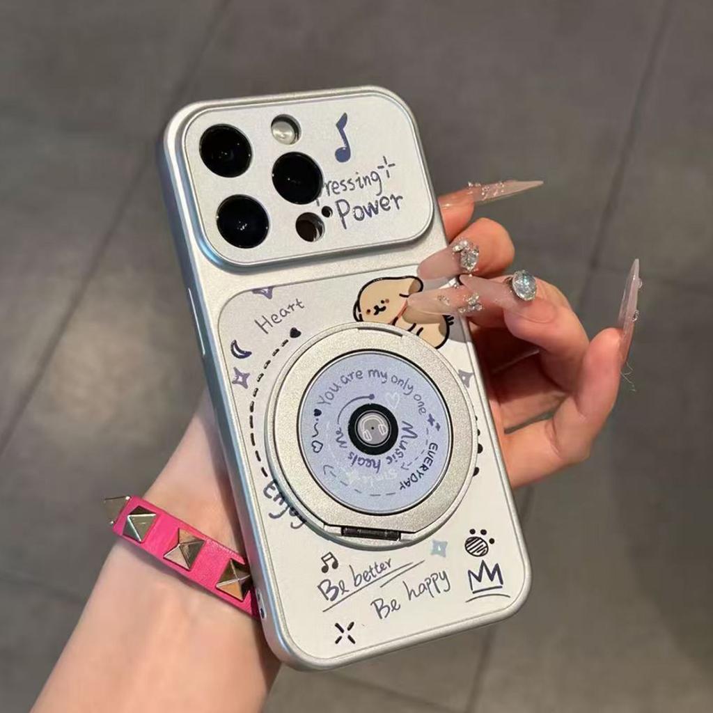 Applicable to iPhone17 new CD record puppy mobile phone case rotating bracket Apple 16/15 electroplated Corning case