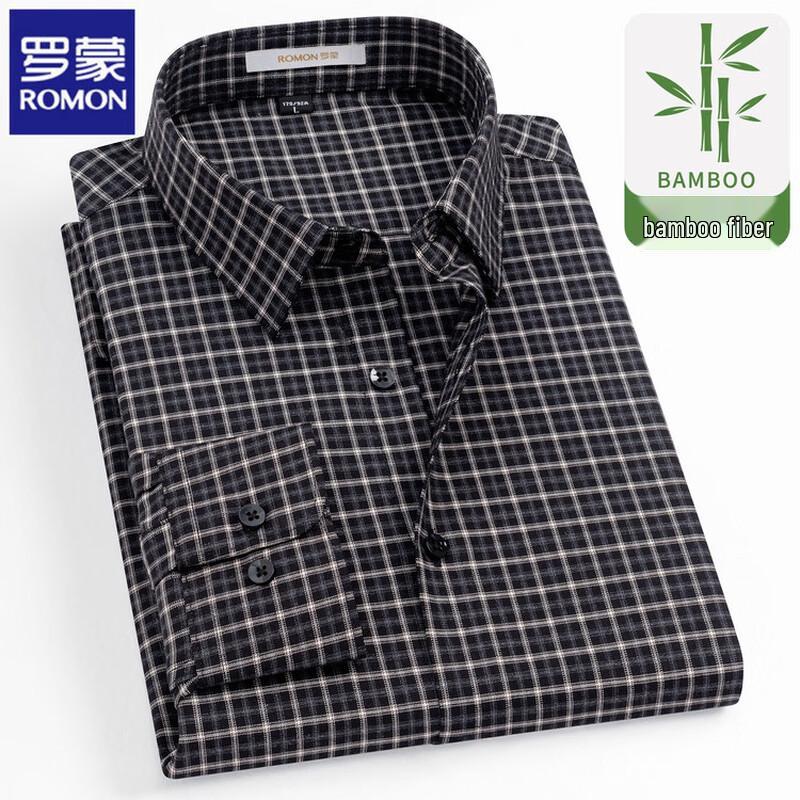 ROMON Men s Bamboo Fiber Plaid Long Sleeve Business Casual Shirt M