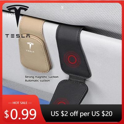 Car Sticker Tesla Leather Car Glasses Sun Visor Box Auto Sunglasses Clip Card For Tesla Model 3 Y S X Cybertruck Highland Coil J