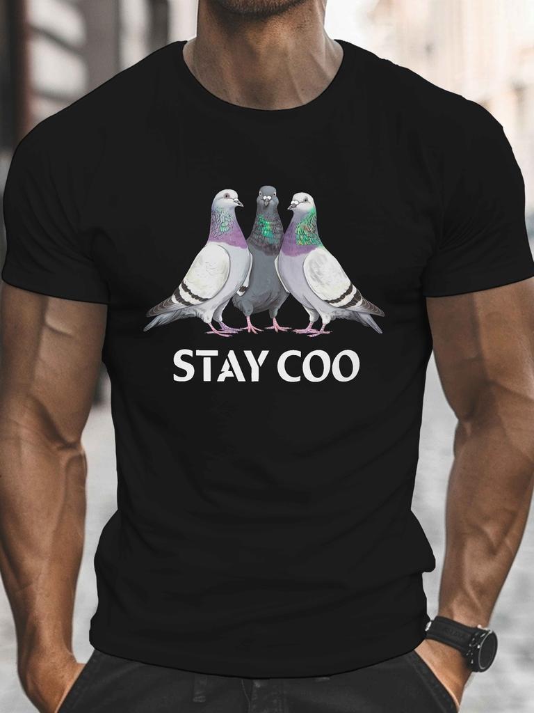 Phrase STAY COO Pigeons Men's Casual Grew Neck Short Sleeve T-Shirt for Summer, PLUS SIZE