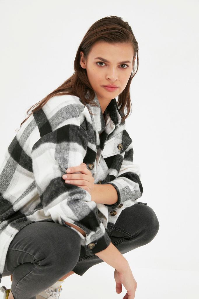 Women's Fashion Black Plaid Oversize Wide Fit Woven Jacket Shirt