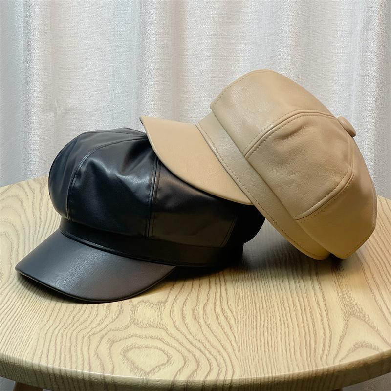 Autumn and Winter Women's Big Head Octagonal Hat Leather Painter's Hat Korean Version PU Large Peaked Cap British Versatile Beret Men's Winter