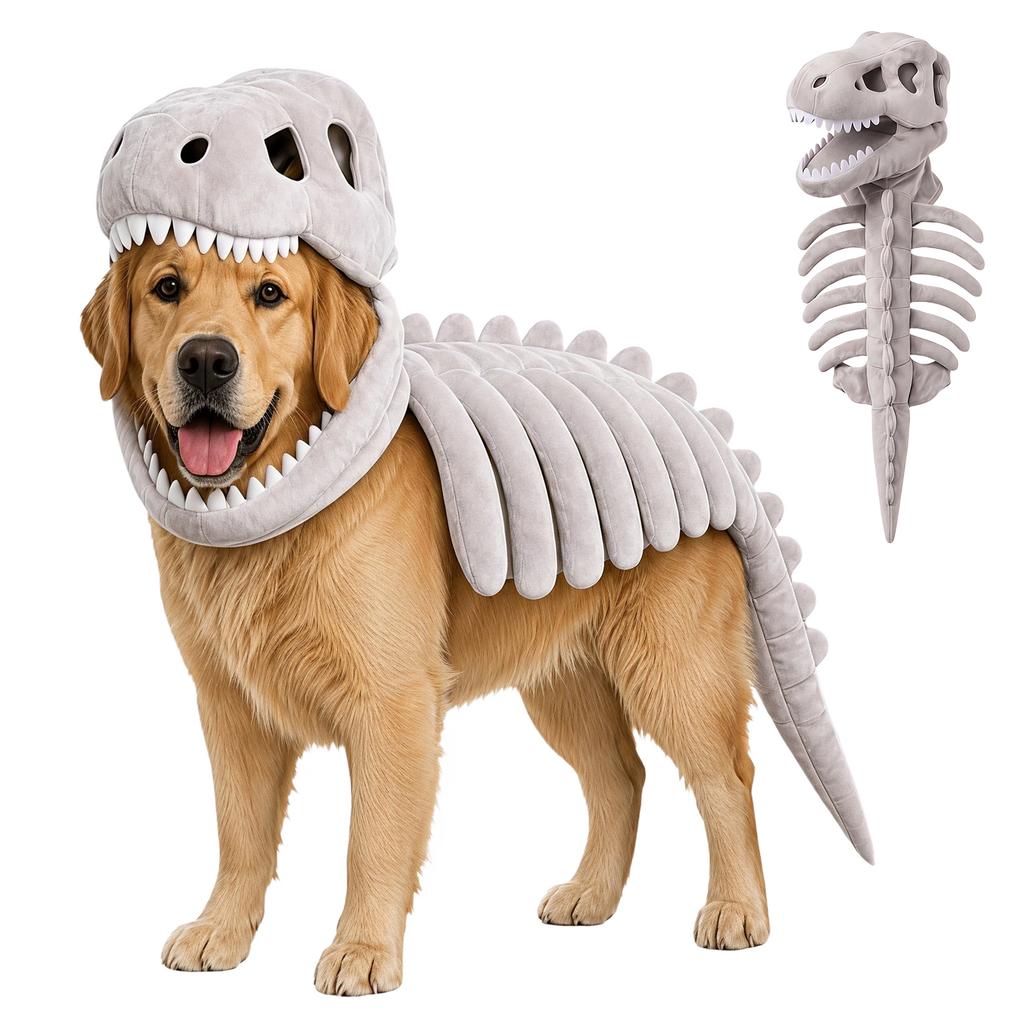 NEW Dinosaur Skeleton Glow in Dark Cat Costume, 25-120cm Dog Hood Outfit Pet Clothes for Halloween Cosplay with/without Glowing