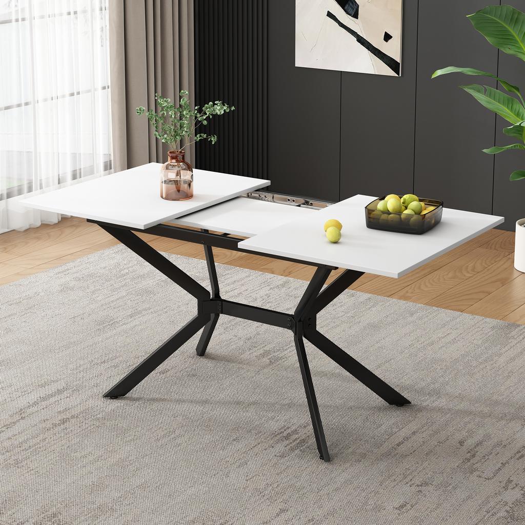 White Extendable Dining Table 120/160*80cm, Table Legs Made of Black Metal, White Rectangular Dining Table, Suitable for Four To Six People