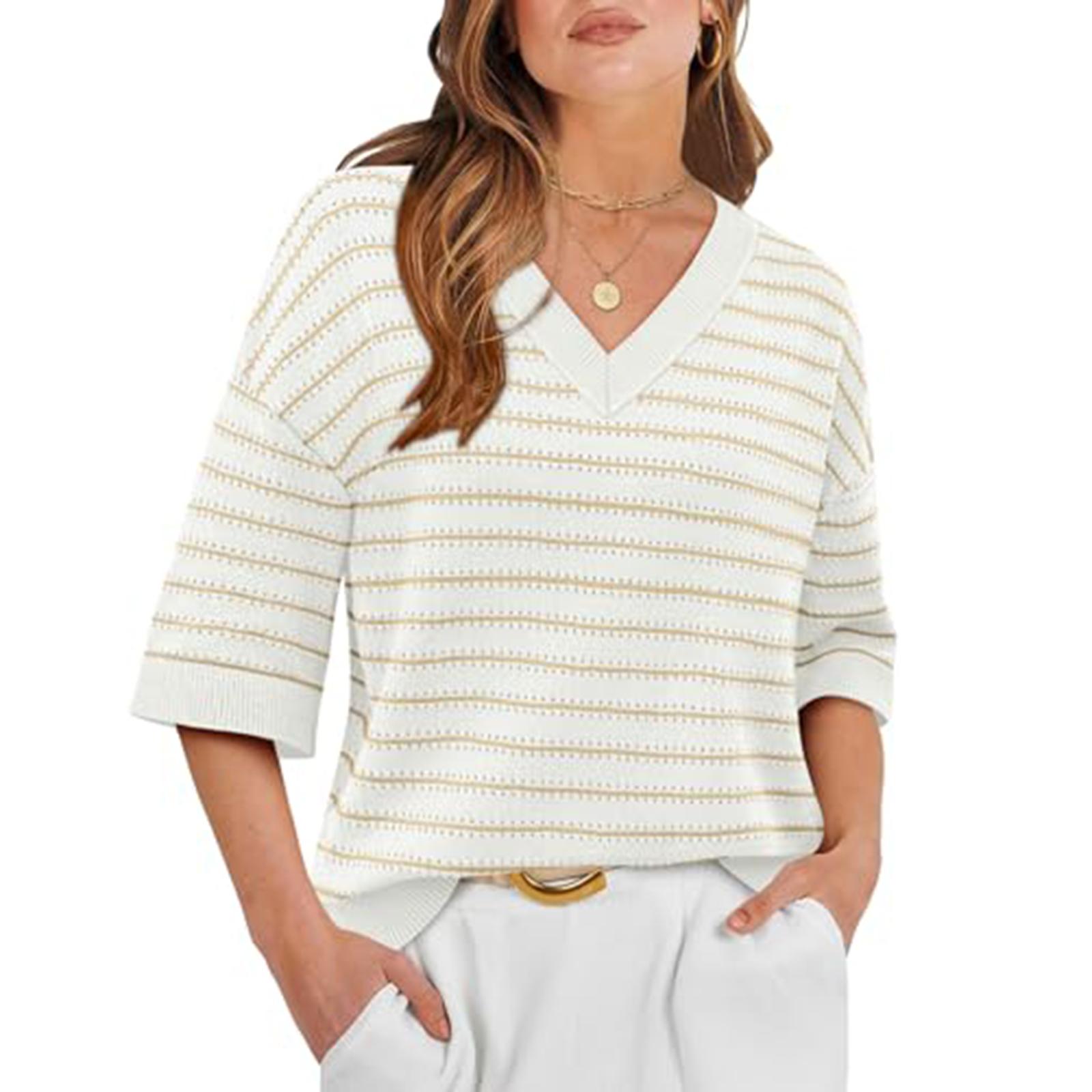 

Женская вязаная крючком рубашка-топ с рукавом 3/4 и V-образным вырезом S белый