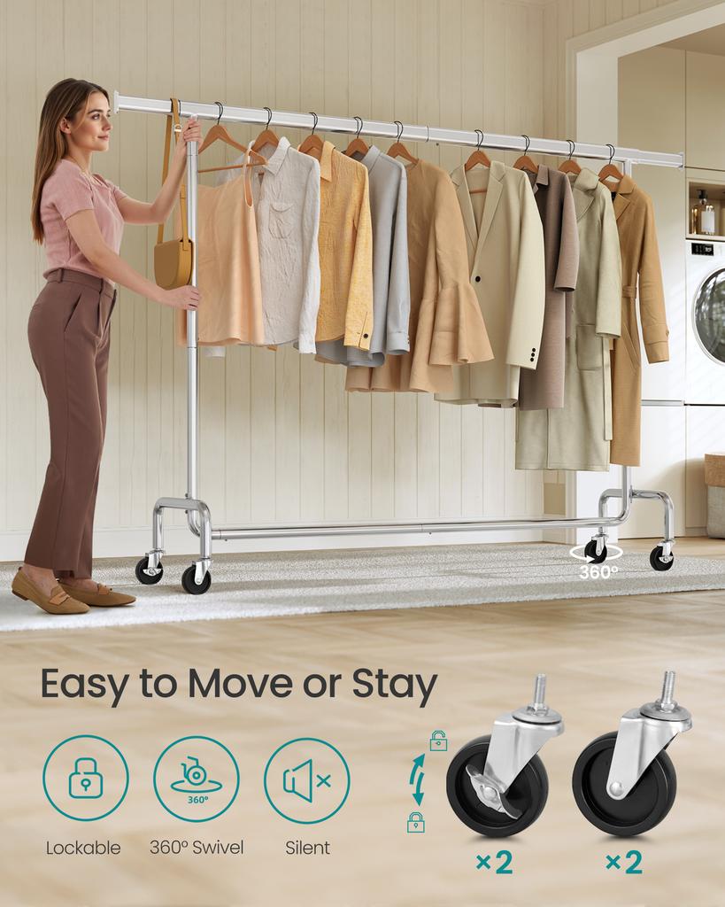 SONGMICS Clothes Rack on Wheels, Heavy-Duty Clothes Rail, with Extendable Hanging Rail, 110 kg Load Capacity, 45 x (160-200) x 162.9 cm
