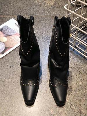 Fashion Black Pointed Toe Mid Calf Shoes Woman Waterproof Pu Demi-season On Offer Gyaru Hot Chic and Elegant Half High Boots for Women