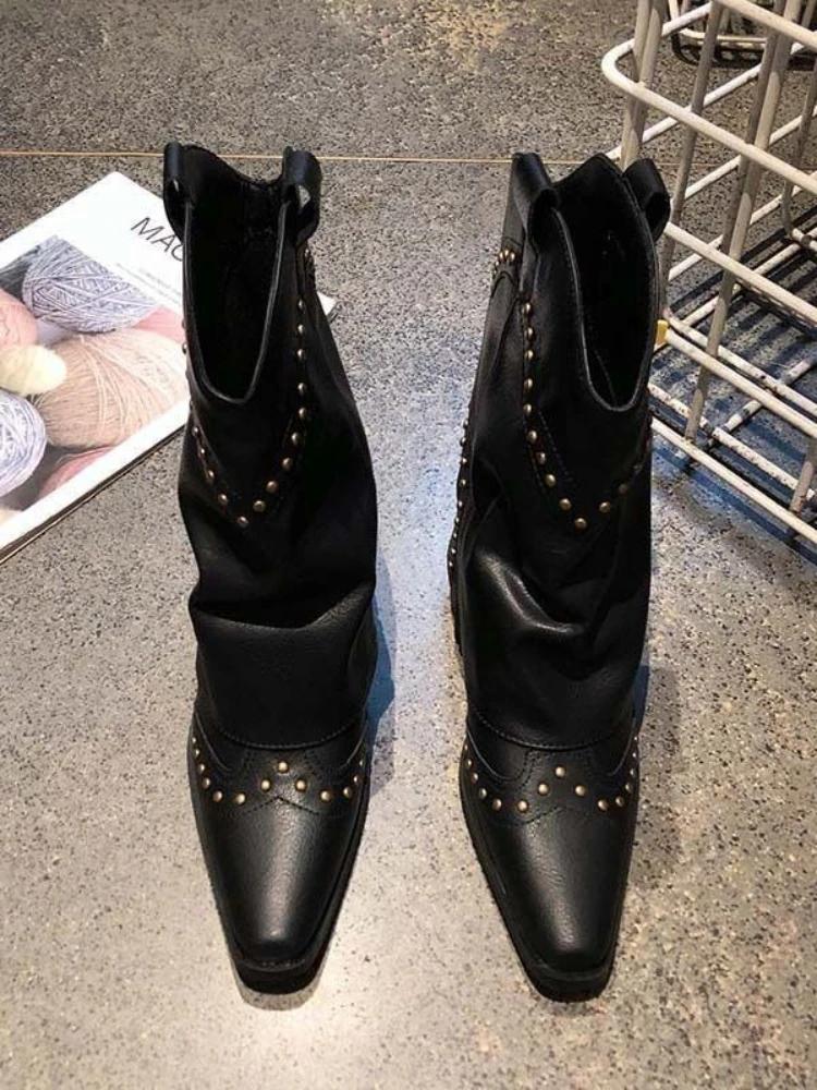 Fashion Black Pointed Toe Mid Calf Shoes Woman Waterproof Pu Demi-season on Offer Gyaru Hot Chic and Elegant Half High Boots for Women