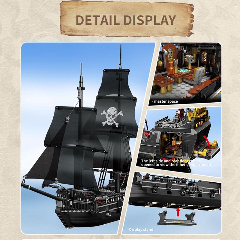 1424PCS Black Pirate Ship Building Blocks Skeleton Ghost Boat Model Assembly Bricks Toys Desktop Decoration Kids Holiday Gifts