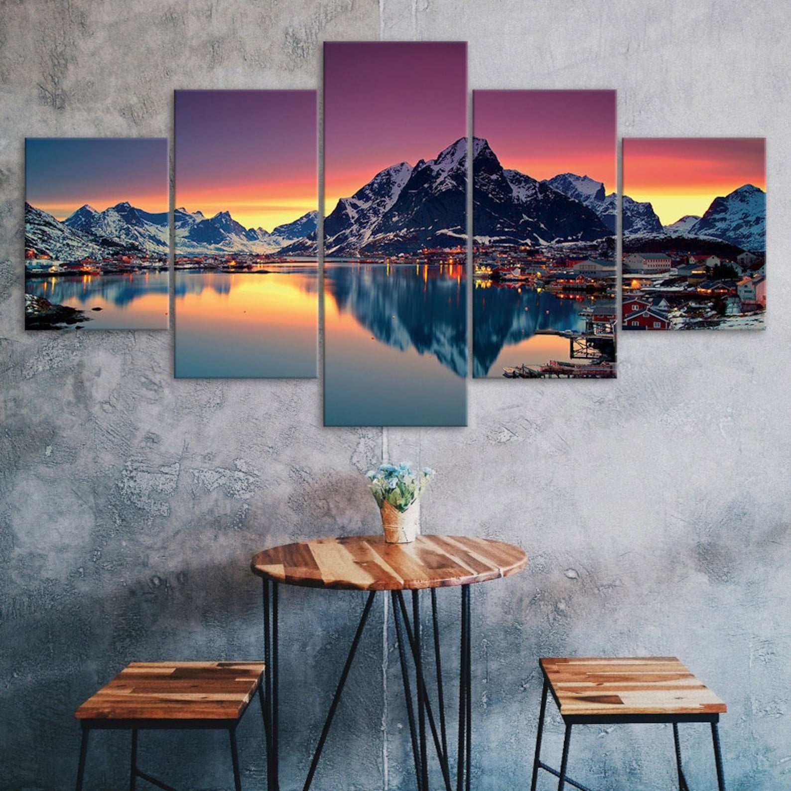 

Nordic Town Evening Sky 5 Piece Canvas Wall Art Multi Panel Print Modern Winter Mountain Landscape Poster Home Decor Gift For Him For Her 20X35 20X45 20X55CM