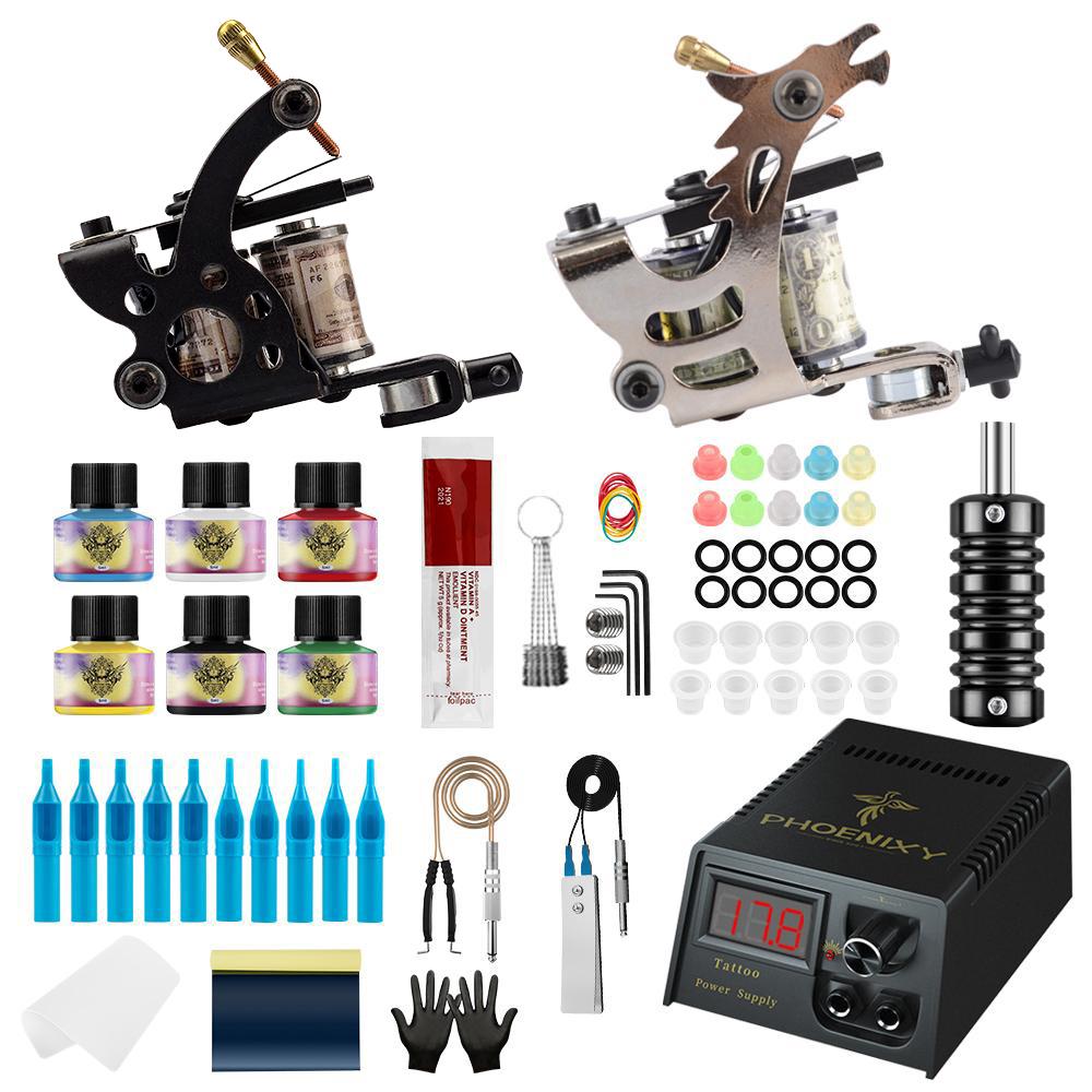 

Набор для татуировки PHOENIXY, 2 тату-машины с источником питания для татуировки, 6/10/20 шт., набор аксессуаров для татуировки с чернилами и машина для перманентного макияжа