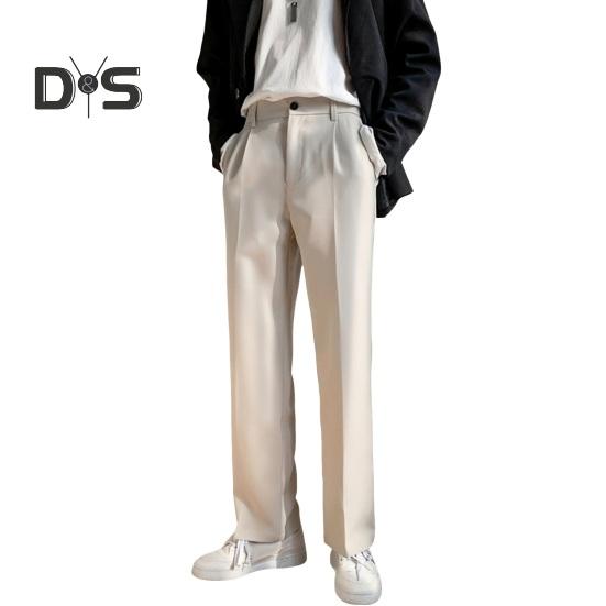 Men Suit Pants Wide Leg Loose Straight Elastic Waistband Formal Business Style Side Pockets Button Zipper Closure Solid Color Office Trousers