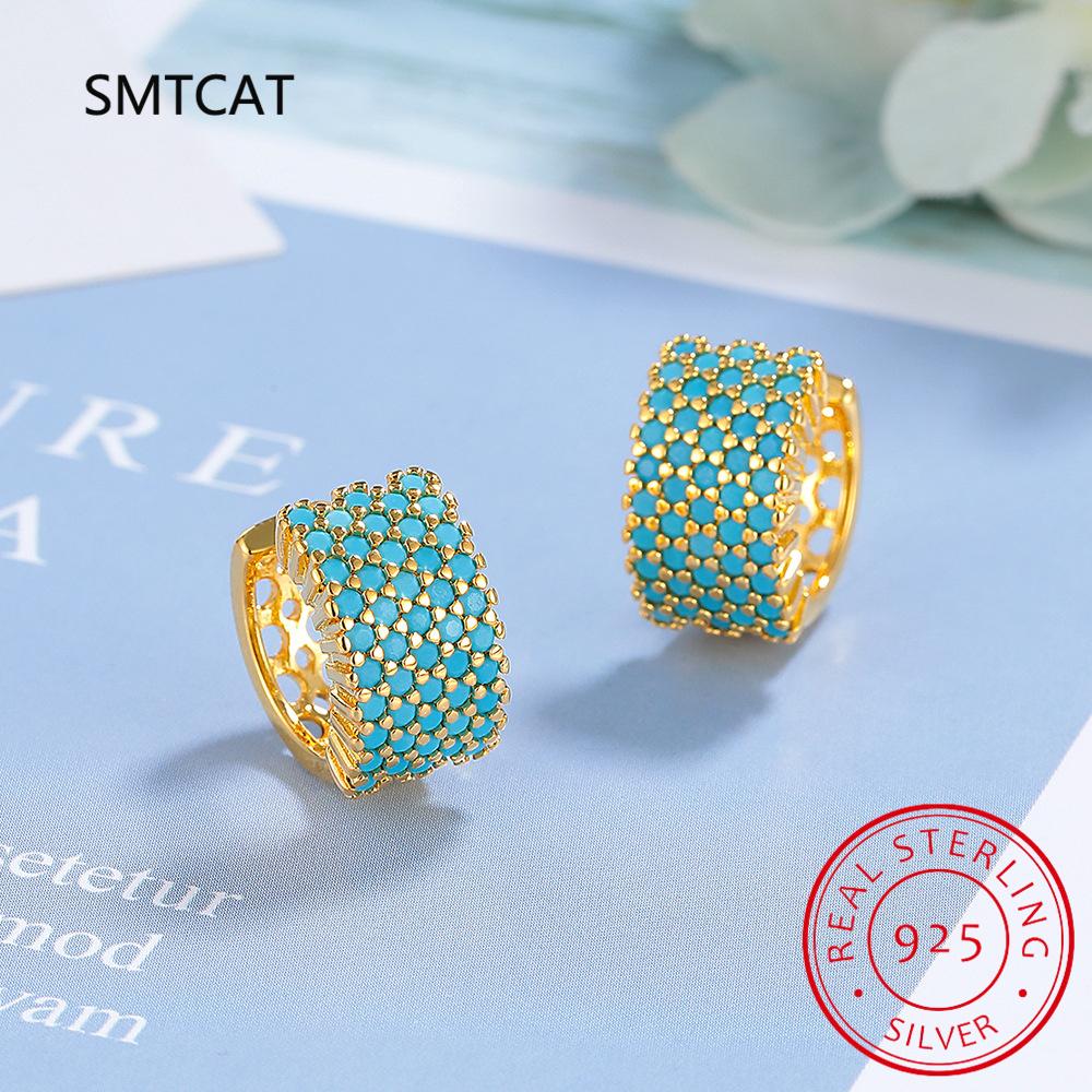 New Vintage Turquoise Elegant Earring Real 925 Silver Luxury Charm Hoop Earrings For Women Wedding Jewelry RHE858
