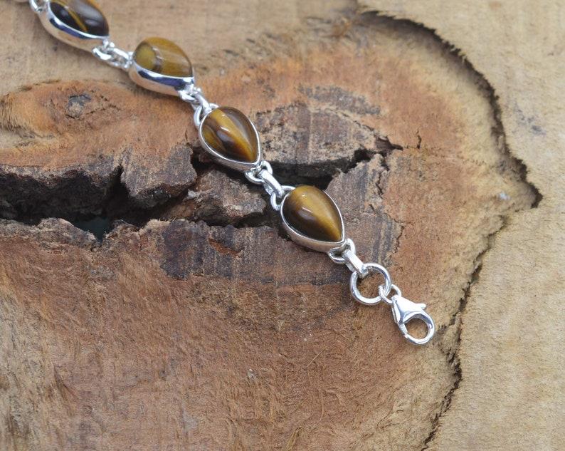 Solid 925 Sterling Silver Tiger Eye Gemstone Handmade Designer Boho Tennis Bracelet Charm Jewelry