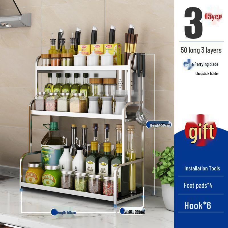 Stainless Steel Multi-layer Kitchen Rack: Spice, Knife Holder & Storage