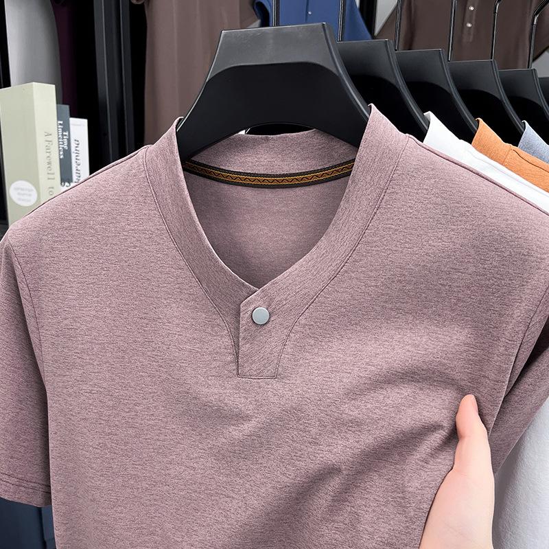 Spring and Summer Men's T-Shirt Premium Sense Short Sleeve V-Neck Casual Solid Color Top Bottom Shirt