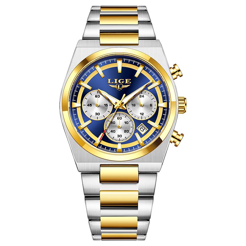 LIGE Chronograph Man Watch Fashion Business Quartz Wristwatches Waterproof Stainless Steel Luminous Auto Date Mens Watches