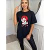 Oversize Women's Short-Sleeve T-Shirt with Red & White Maneki-neko Text and Cherry Blossom Decor Print