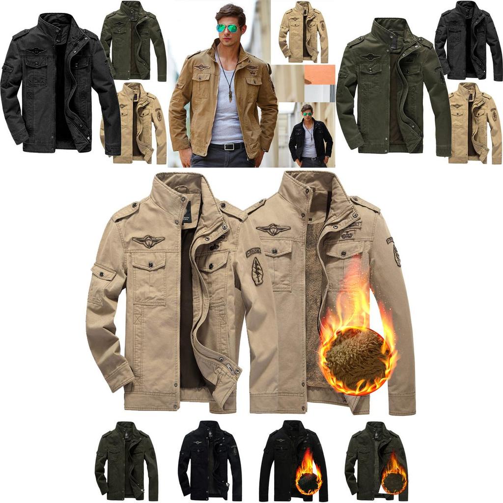 Men's Autumn Winter Thicken Military Jacket With Warm Lined Interior And Stand Collar