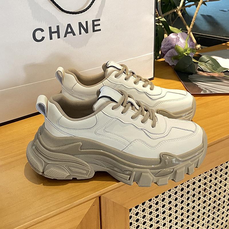 Fashion Real Cowhide Sports Casual Milk Tea Color Ins Trendy Single Shoes Spring New Thick-soled Daddy Shoes Women's Shoes