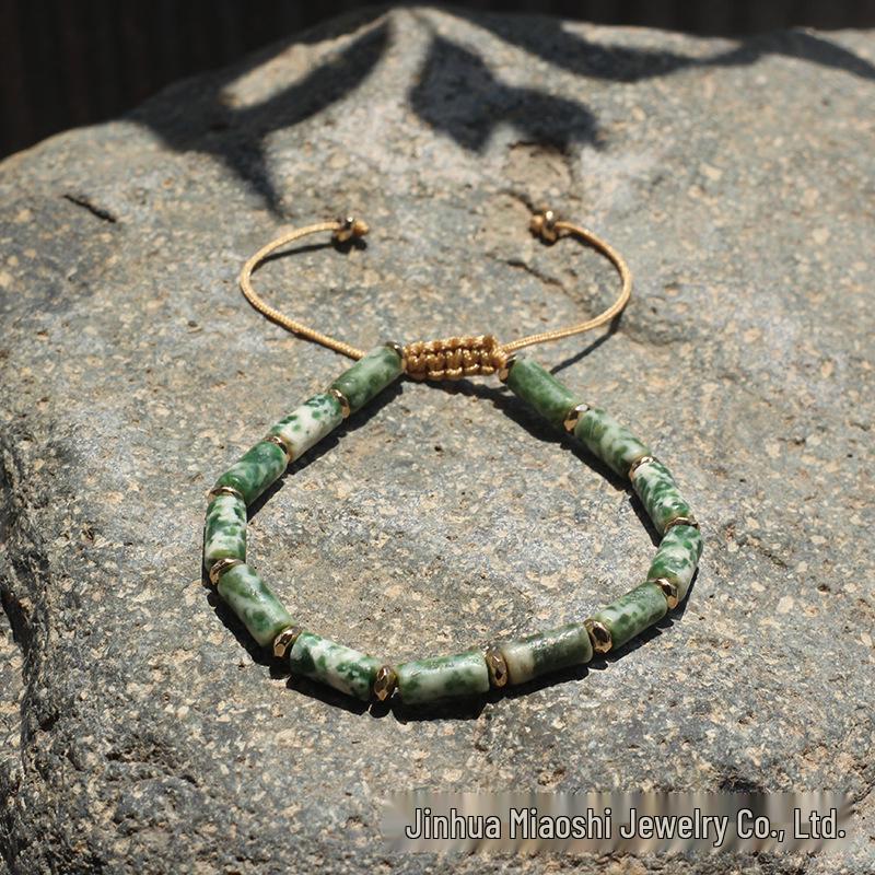 Bohemian Retro Green Agate Bamboo Bracelet - Adjustable and Woven Design