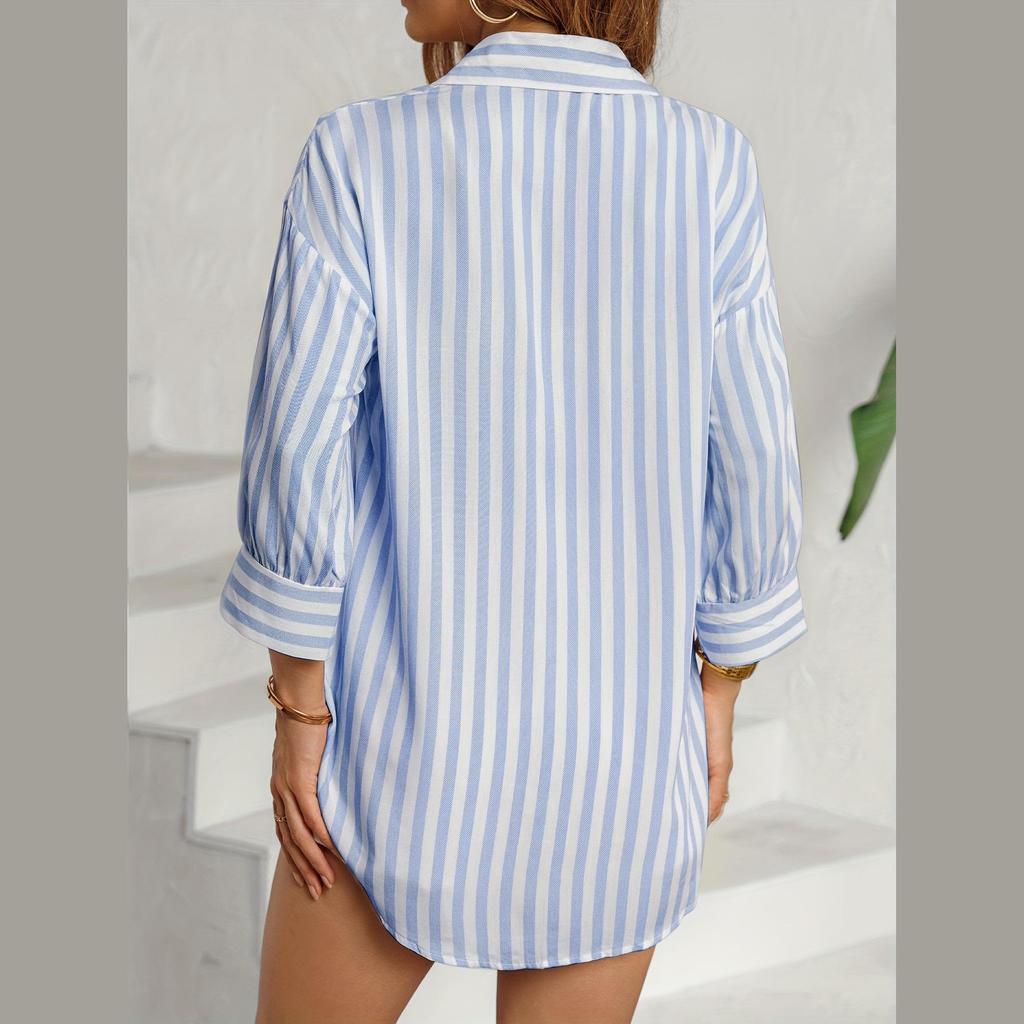 2025 Summer European & American Stripe Pocket Long Sleeve Single-Breasted Shirt Dress