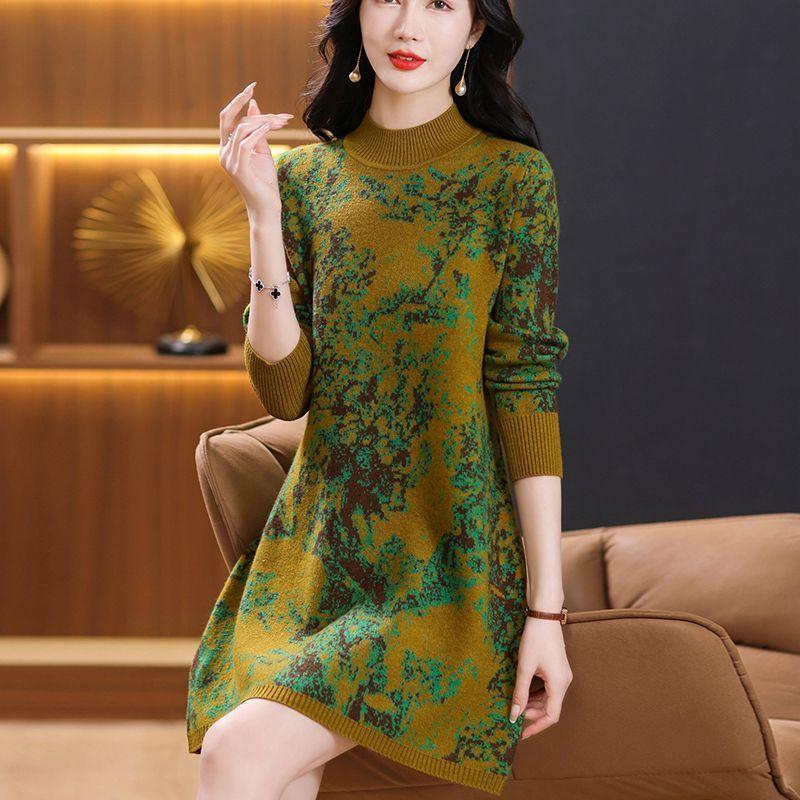 Mid-length Turtleneck Dress Sweater Fashionable New Style Middle-aged Autumn Winter Mother's Knitted Bottoming Round Neck