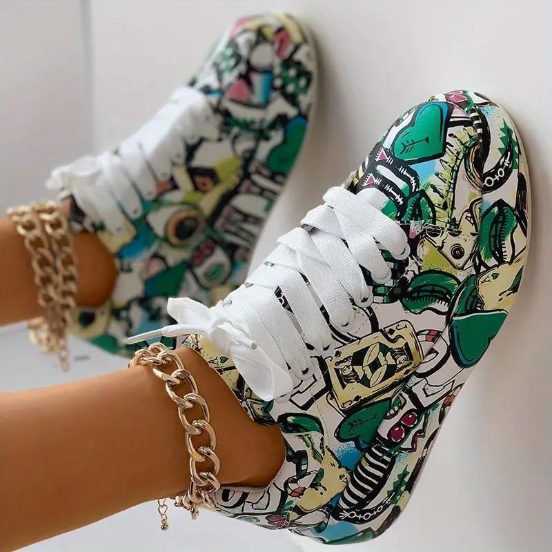 Damen-, Niedrig geschnitten, Freizeitschuhe, Graffiti-Druck, Sportschuhe, Schnürschuhe, Dicksohlig, Board-Schuhe