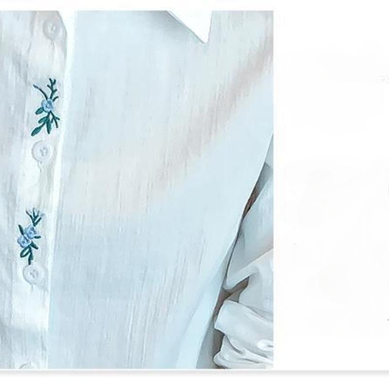 Women's Blue Shirt Autumn New Style Versatile Embroidered White Shirt Long Sleeve Top