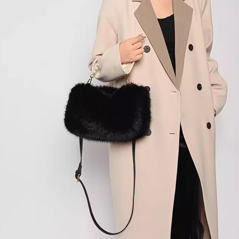 Yogodlns Winter Fashion Women's Faux Fur Shoulder Bags Candy Color Pearl Handle Crossbody Bag Small Fluffy Female Pillow Handbags