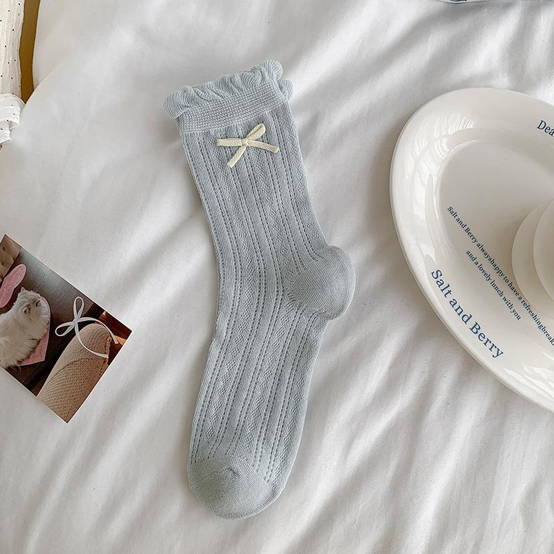 

Милые носки до середины икры с бантом для женщин, летние тонкие сетчатые ажурные махровые носки, однотонные кружевные длинные носки 1 pair синий