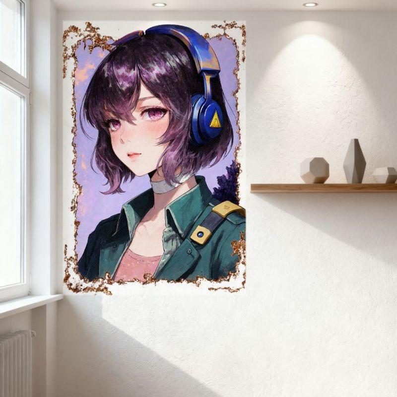 Anime Sexy Mädchen Blechschild, Junge Frau Kurzes Gewelltes Lila Haar Militärjacke Kopfhörer Vintage Metallposter für Zuhause Bar Cafe W