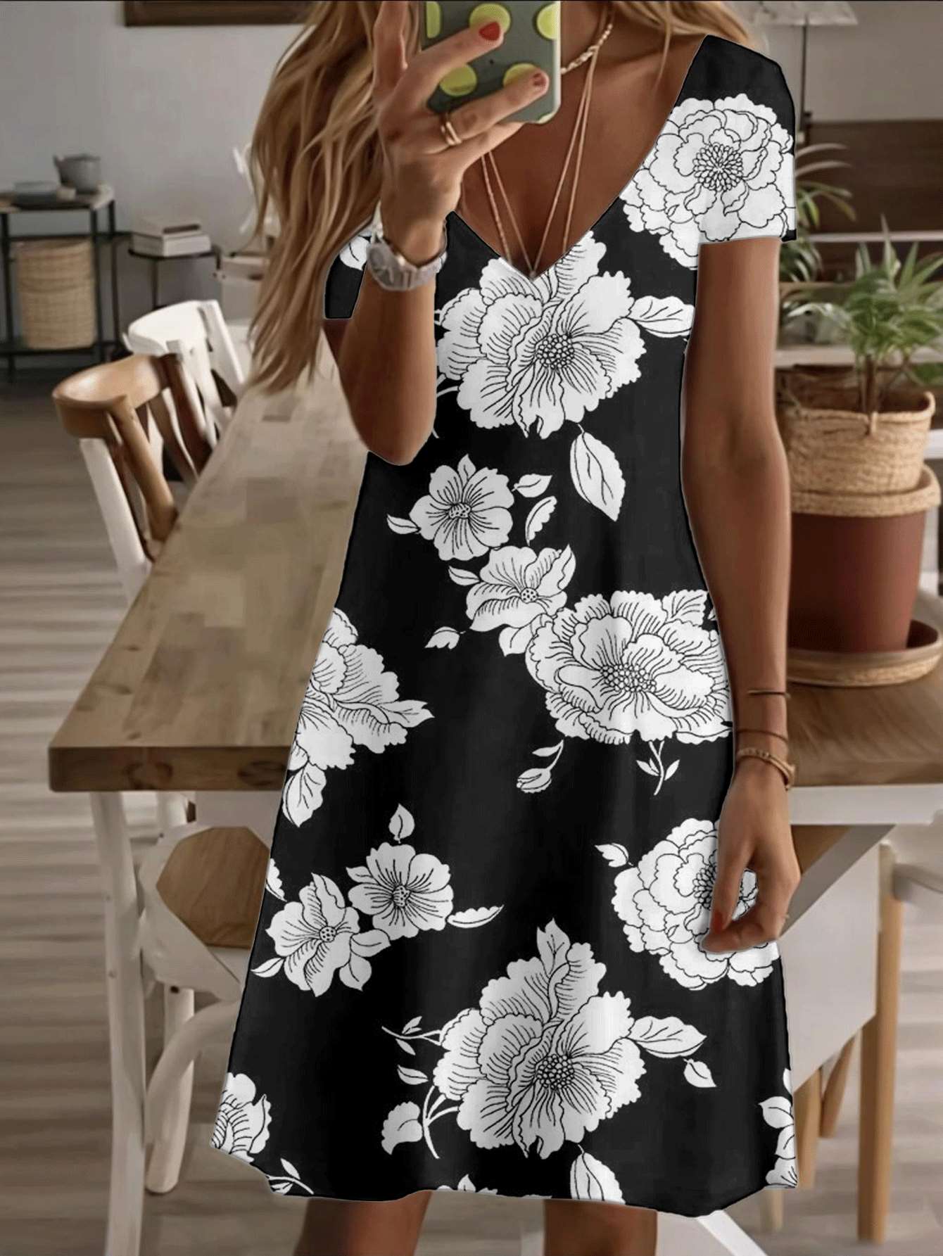 

Vneck shortsleeve midi dress black white floral print 3D premium printing durable casual fashion elegant summer wear breathable lightweight fabric per 3XL дубильная кора