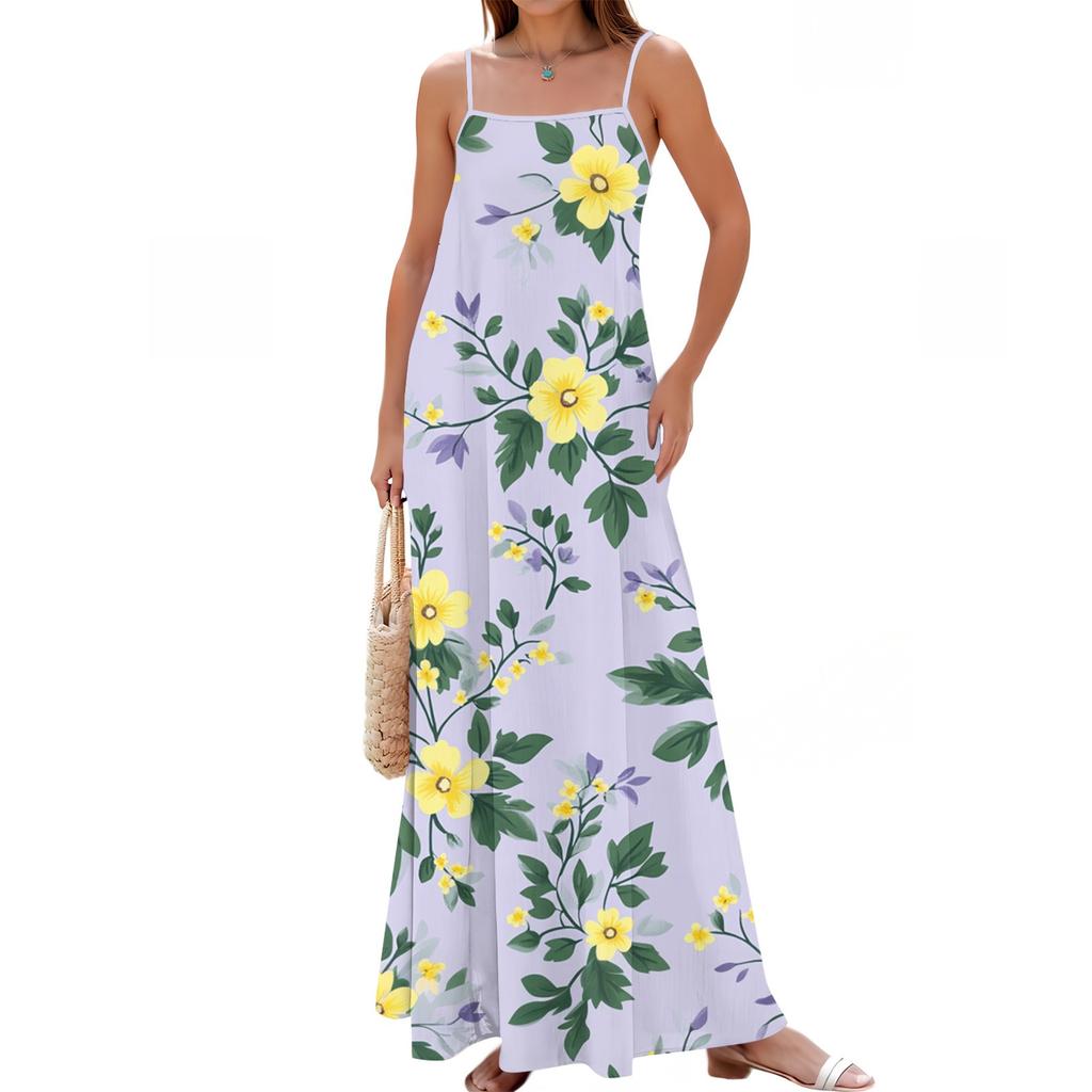 Women's Spring And Summer Casual Fashion Adjustable Suspender Printing Long Dress