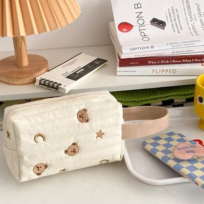 Portable Toiletry Case Embroidery Cosmetic Bag Wrist Organizer Zipper Makeup Pouch Cotton Storage Bag Women