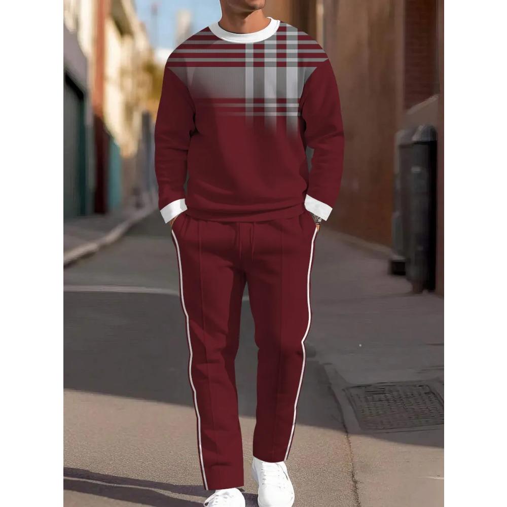 New Round Neck Men's Long Sleeve Pants Set 3d Fabric Suitable for Casual Travel Multi-Scenarios Sport Two-Piece Set