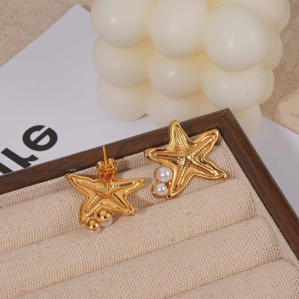 Gold-Plated Starfish Pearl Texture Earrings for Women - Stainless Steel