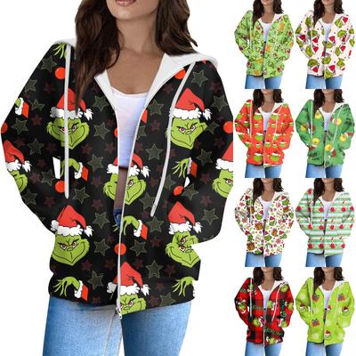Women's Fashion Casual Christmas Print Long Sleeve Sweatshirt Pocket Jacket Zipper Hoodie Coat