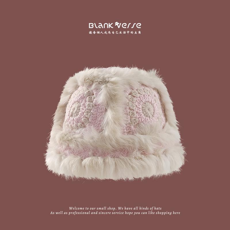 Autumn and winter cloud plush hat female warm rabbit fur hat big head circumference shows small face fluffy basin hat