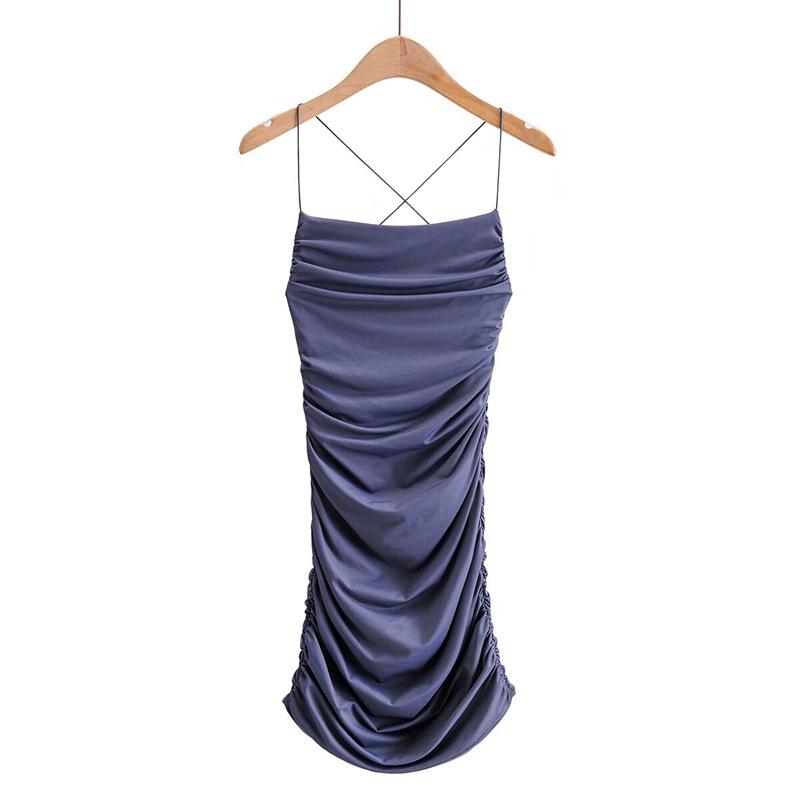 

Women s Summer Sexy Spaghetti Strap Bodycon Dress with Pleated Stretch and Open Back Small сірий колір/синій