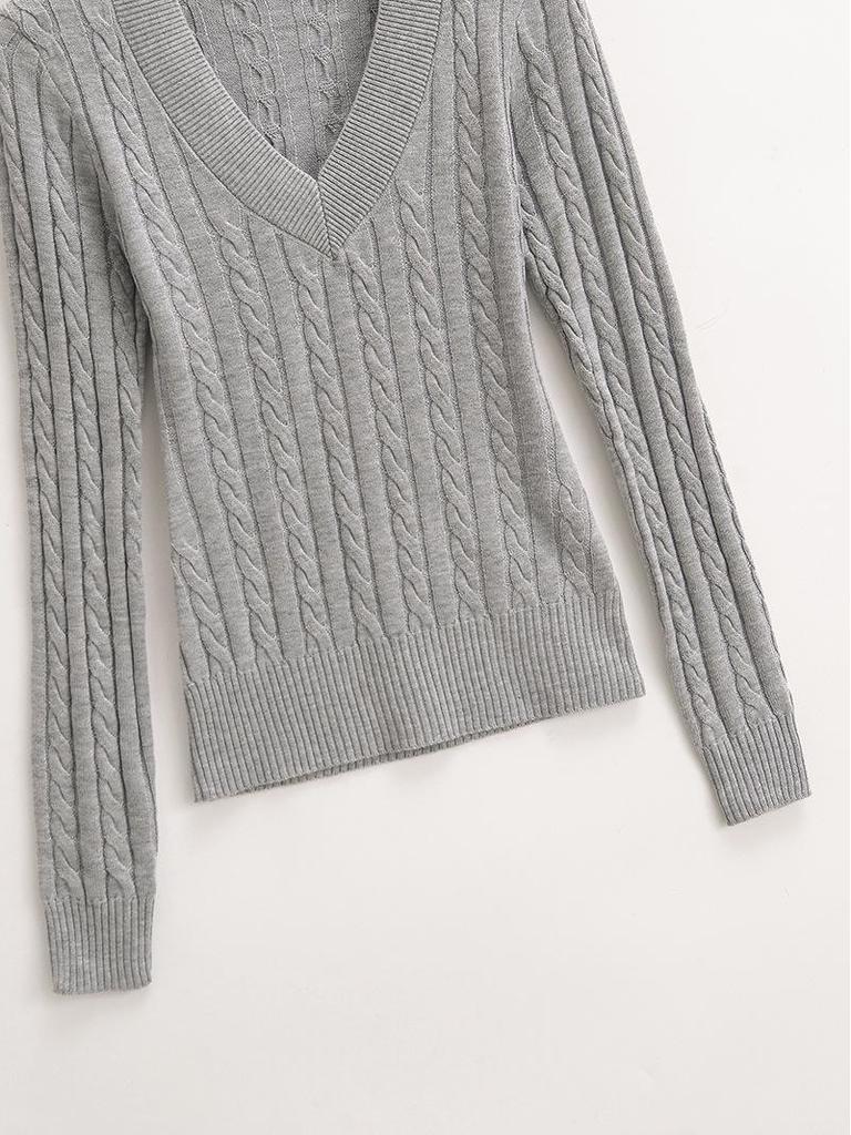 American Girl V-Neck College Style Slim Cable Knit Sweater