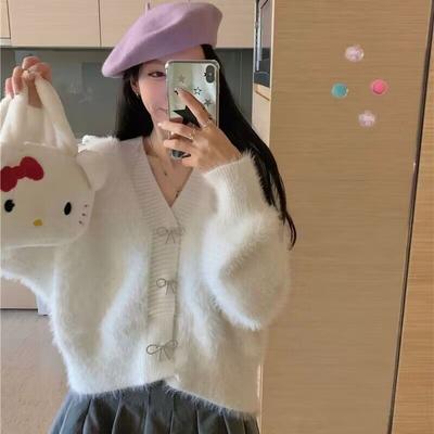 Cardigan Sweater Female Autumn/Winter Imitation Mink Fleece Sweater Coat Women Sweet Bow V-Neck Single Breasted Knit Sweater