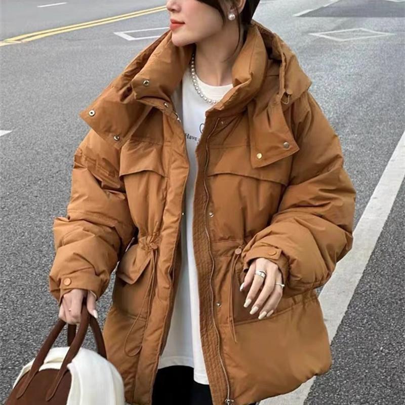 Women's Autumn Winter Down Jacket Short Hooded Single Breasted Loose Adjustable Waist Straight Tube White Duck Down Coat