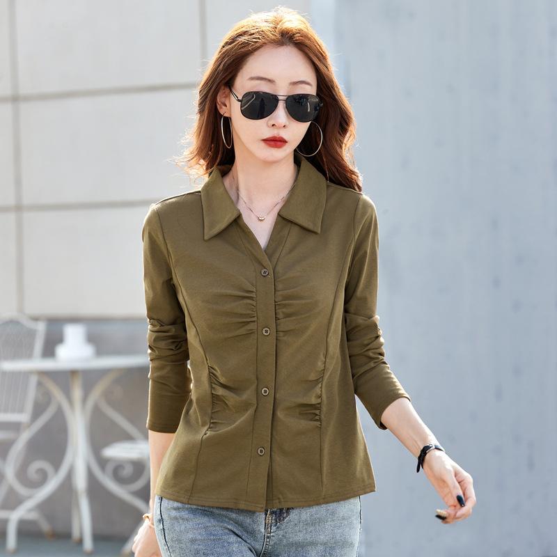 Spring Cotton Lapel Bottomed Pleated Buttons Solid Colour Versatile Long-sleeved Shirt