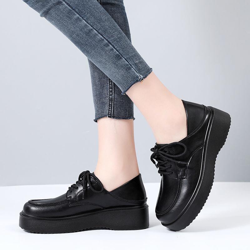 Leather women's shoes spring and autumn platform muffin casual shoes lace-up low-top single shoes small leather shoes