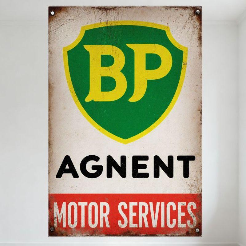 Vintage BP Agent Motor Services Metal Tin Sign - Aged Rust Shield Emblem Wall Plaque for Home Decor, Man Cave, Bar, Cafe, Restau