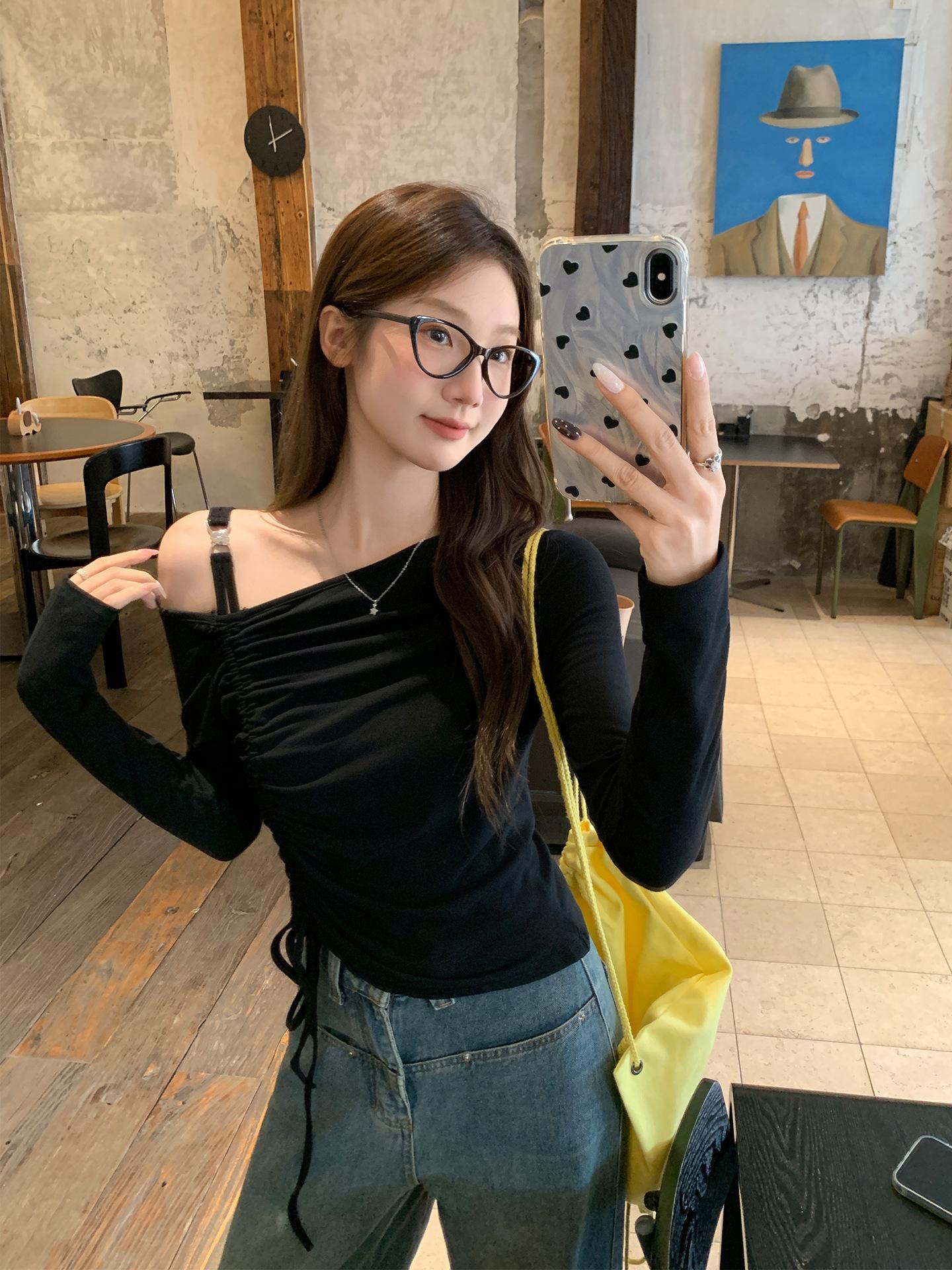 

Spice Girl Black Slant Shoulder Splicing Design Sense Waist Pleated Skinny Slim Bottom T-Shirt Long Sleeve Women s Autumn S чёрный