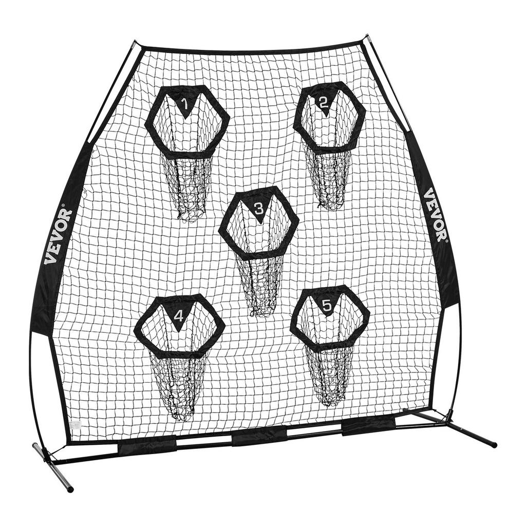 2133.6 x 2133.6mm Football Trainer Throwing Net, Training Throwing Target Practice Net with 5 Target Pockets, Knotless Net Includes Straps and